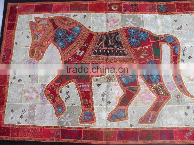 Indian Old Fabric Wall Decor With Horse Figure - Handworked Cotton Fabric Patchwork Wall Hanging Tapestry