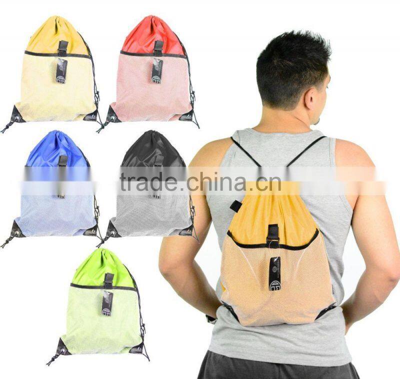 Promotional Custom Designed Mesh Drawstring Backpacks/Wholesale string bags with front mesh pockets