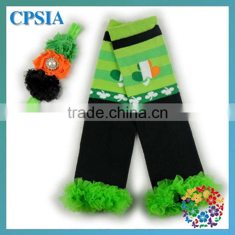 Shamrock baby leg warmers with headband cotton leg warmer with green chiffon knitted baby girls leg warmers with headband set