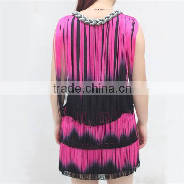 High quality elegant ladies' sleeveless three layers of tie dye tassel dress