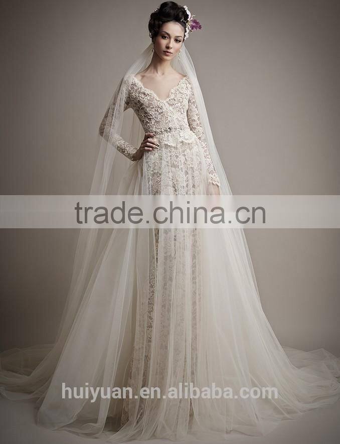 flowing tulle full lace long sleevecolorful muslim wedding dress