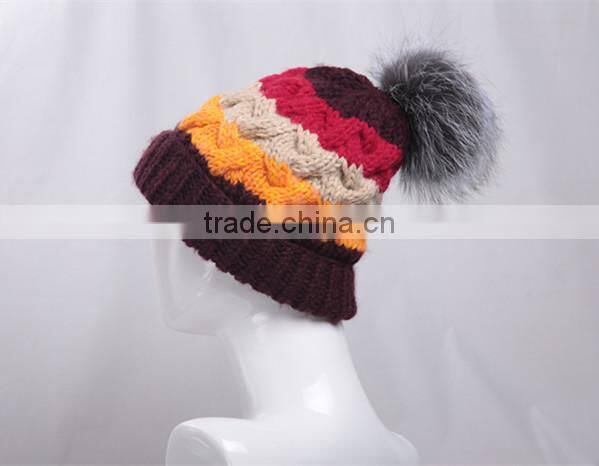 Winter warm knit cap Thick stick knitting mixed color winter hats for women beanies with fox fur poms