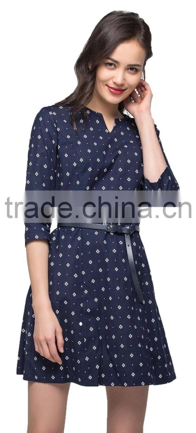 Girls navy polka Dot mini v-neck long sleeve A-line dress with leather belt