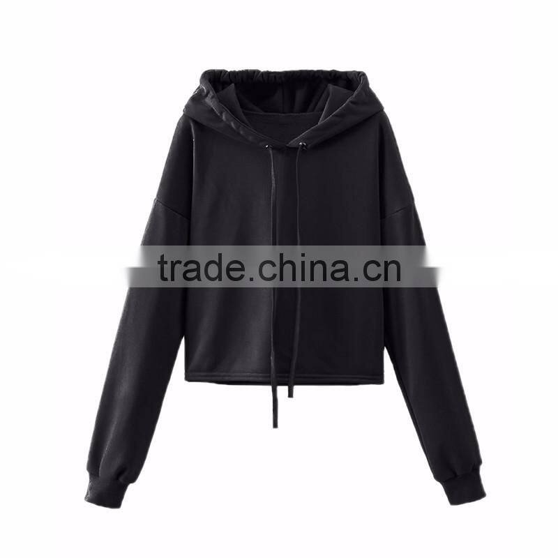 Fashion Black Long Sleeve Drawstring Wide Hood Cropped Hoodies for Girls