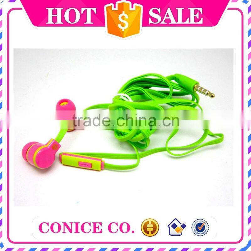 wholesale bicolor noodle cable in-ear earphone with volume control with mic