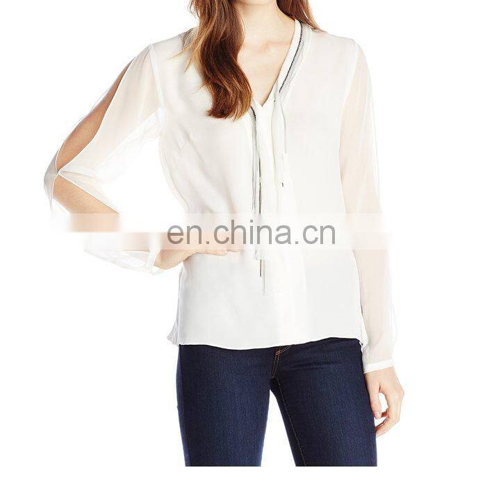 Designer clothing manufacturers in china, long sleeve cream lady shirt office uniform design