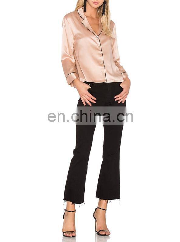 Pink Silk Satin Blouse For Women Smart Casual Wear Pajamas Style Long Sleeve T-Shirt