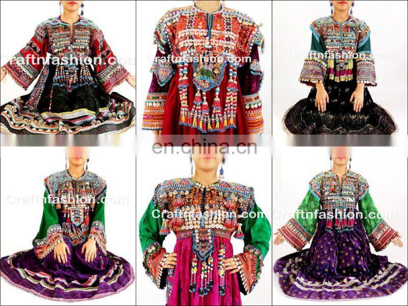 Traditional Balochi Coins Dress- Afghan Dress In Velvet Tribal Silk Embroidered Dress- Banjara Kuchi Tribal Ethnic Clothes