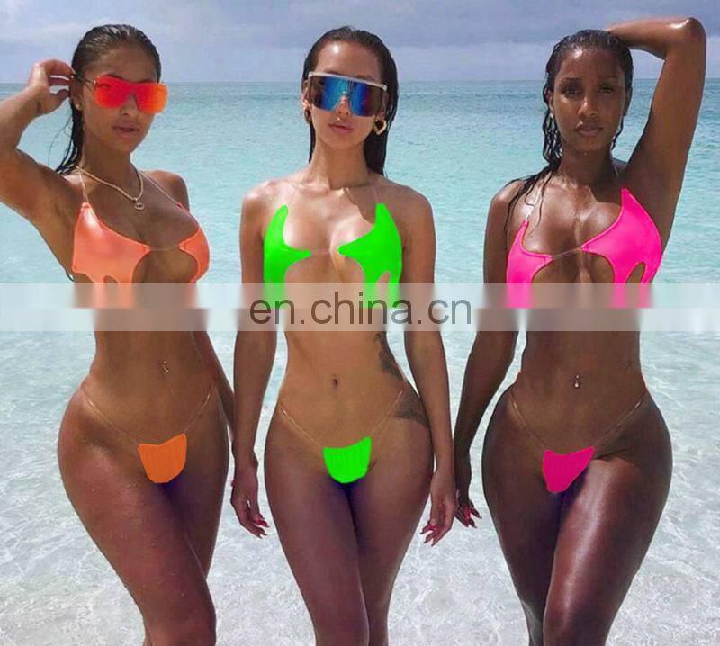Sexy Brazilian Bikini Pentagram Shaped Transparent Stretch Band micro mini thong Neon Green Swimsuit Bathing Suit Two Piece