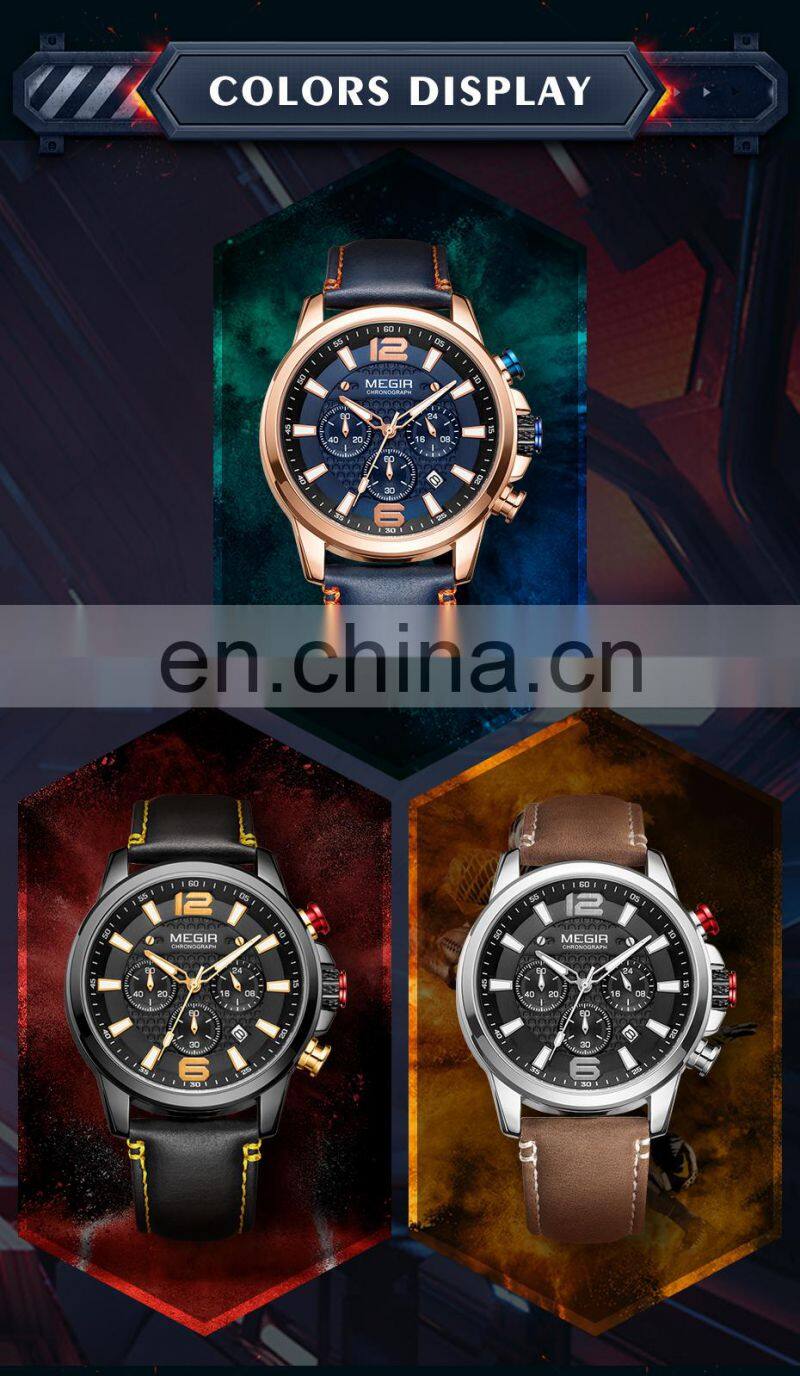 MEGIR 2156G Men Quartz Watch Fashion Casual Leather Watches Waterproof Mens Wrist Watch