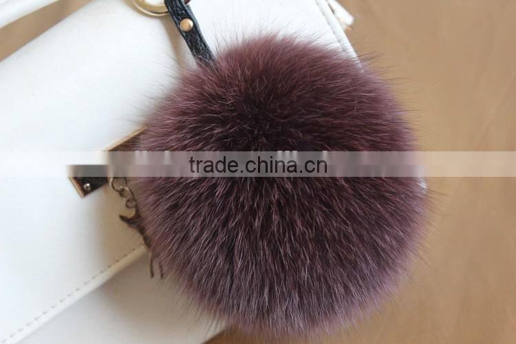 New Arrival Hot Selling 100% Real Fox Fur Pom Pom Leather Key Rings