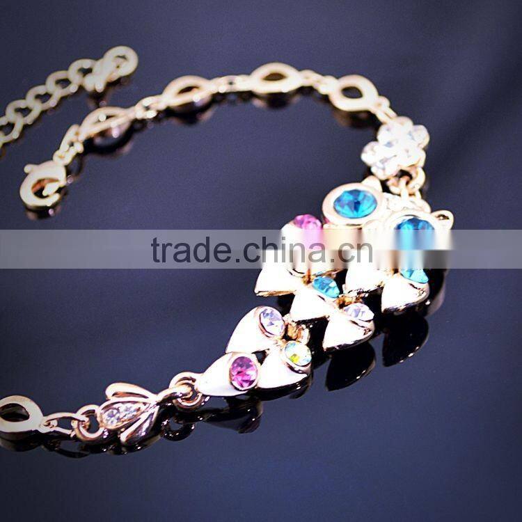Lovely Adjustable Gold Plated Colorful Owl With Green Eyes Crystal Bracelet
