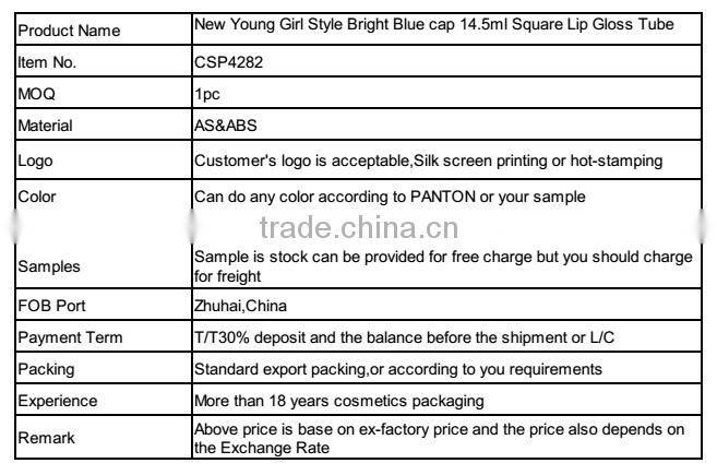 New Young Girl Style Bright Blue cap 14.5ml Square Lip Gloss Tube