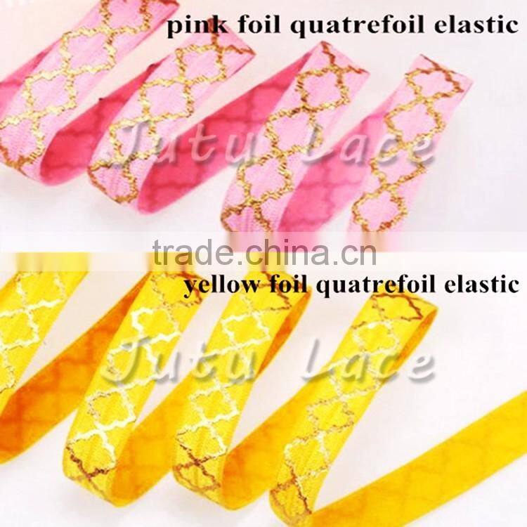 Valentine's Day Elastic Headband - Glitter Foil Gold Fold Over Elastic -5/8'' Polka Dots / Quatrefoil/heart/Stripe FOE