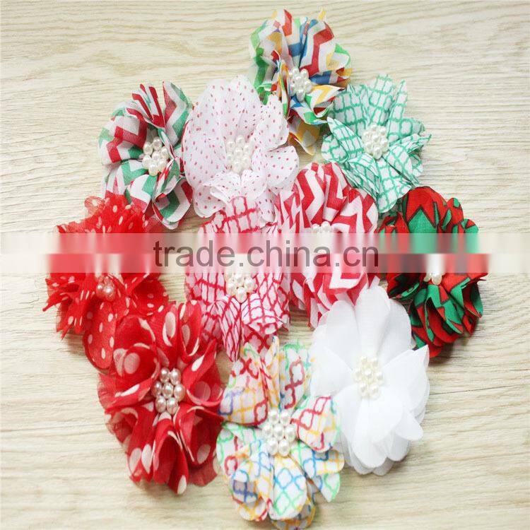 Christmas hair accessories/hair tie/chiffon flowers with pearls/garment flowers