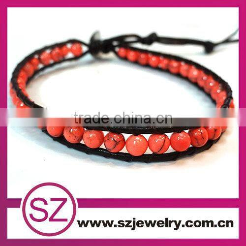 Fashion red jade beads beaded wrap leather bracelet for men