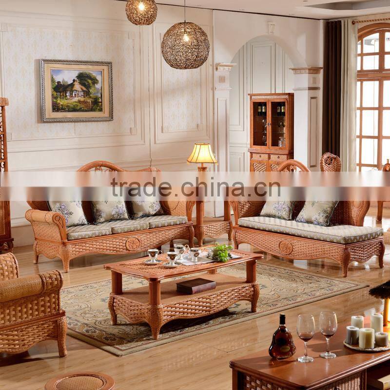 2015 High Quality Indoor bamboo Cane 123 sofa sets Vintage Rattan Furniture for salon