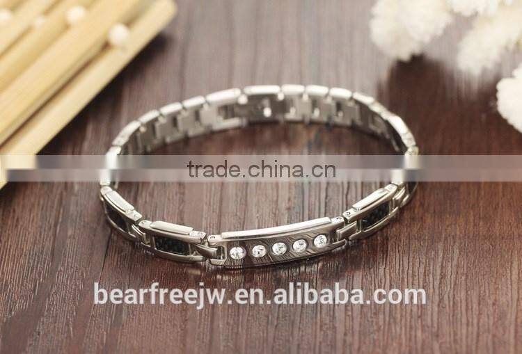 Cubic Zirconia Setting Magnet Titanium Bracelets for Couples, Stainless Steel pain relief sports bracelet