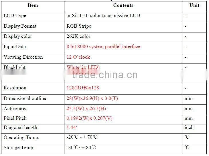 1.44''128 * 128 lattice TFT lcd display module