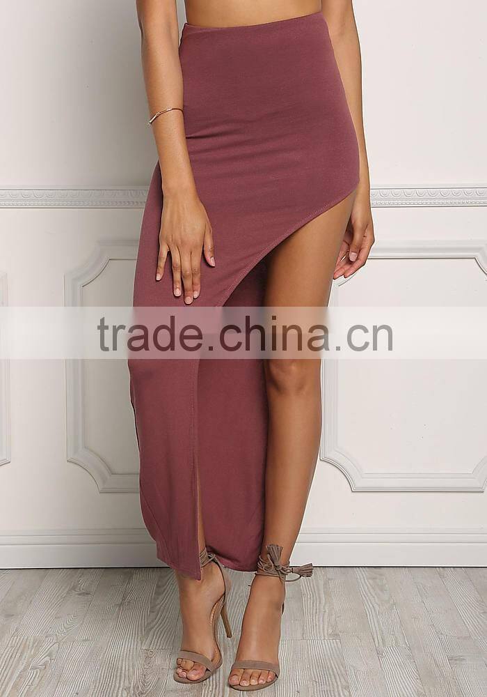 Wine jersey knit high slit maxi latest skirt design pictures