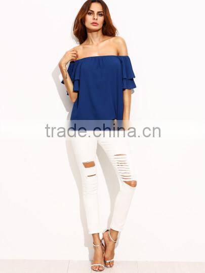 Blouses latest fashion design women clothing Royal Blue Pleated Sleeve Off The Shoulder Blouse