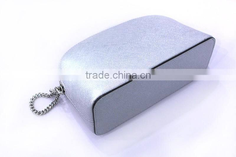 Kind workmanship Genuine leather silver makeup bag metal zipper closure