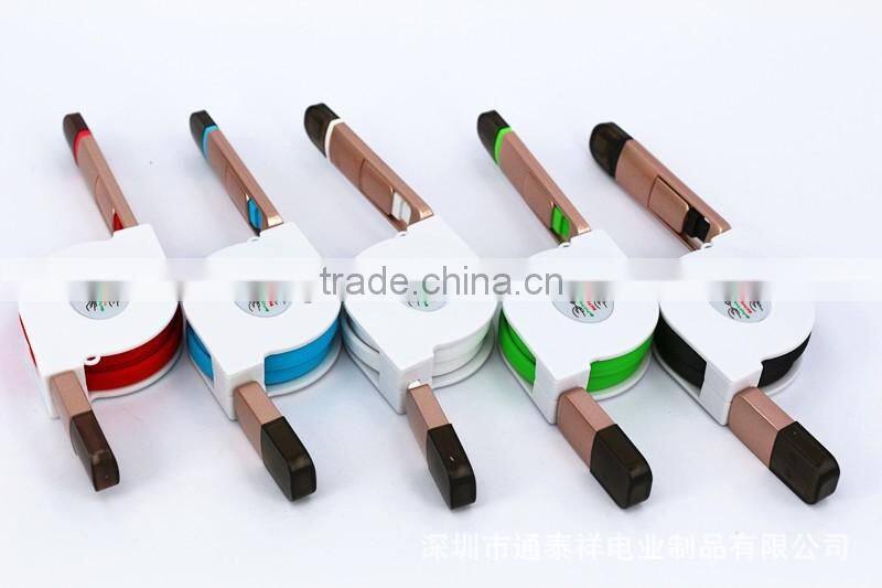 2016 Popular design 2 in 1 retractable usb cable, noodle retractable usb cable for Iphone & for Samsung