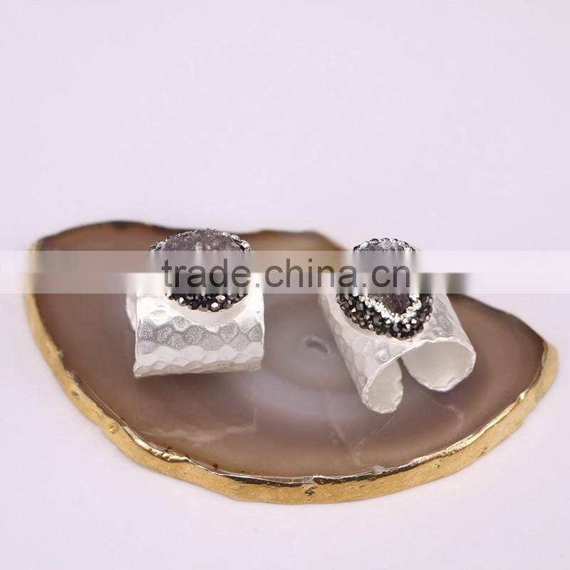 Nature Agate Quartz Rings, Metal Silver Plated Wide Band Crystal Zircon Paved Agate Druzy Ring Jewelry