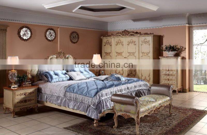 Wooden Hand Carved European Royal Villa Canopy Bed/Bedroom Set(MOQ=1 SET)