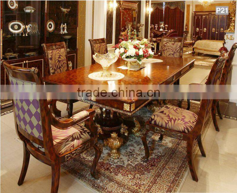 French Antique Wooden White Dining Table With Purple Fabric Dining Chair For 6 People / Luxury European Dining Room Furniture