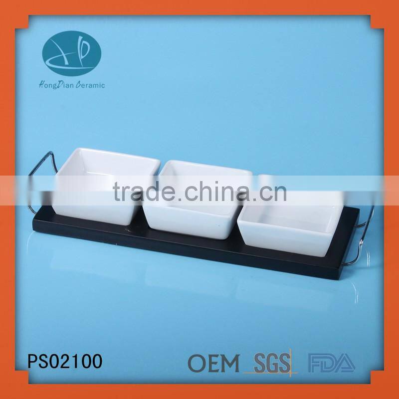 porcelain buffet serving dish set with MDF base ,Set 3 porcelain square bowls serving dishes