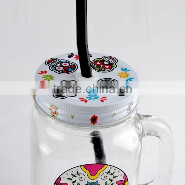 16oz Halloween Theme Skull Decal Glass Mason Jar with Handle