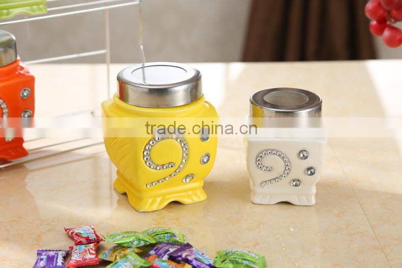 ceramic porcelain canister,ceramic canister set,storage jar, with stainless metal stand
