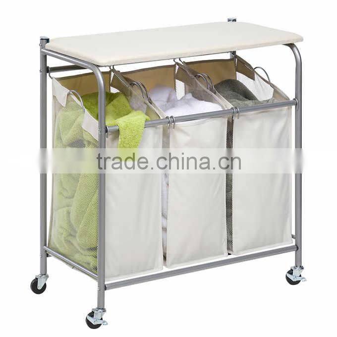 Hotel and home usage triple laundry sorter with ironing board/3 lift-off fableable landry sorter