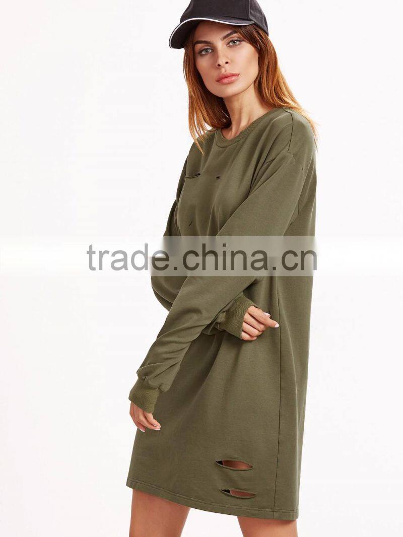 Olive Green Drop Shoulder Distressed Sweatshirt Dress, Women Casual Dress