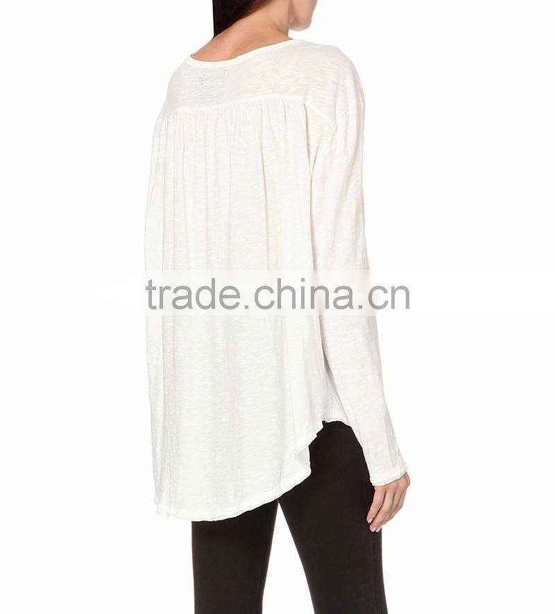 collar design ladies loose plain long sleeve t shirt with pocket