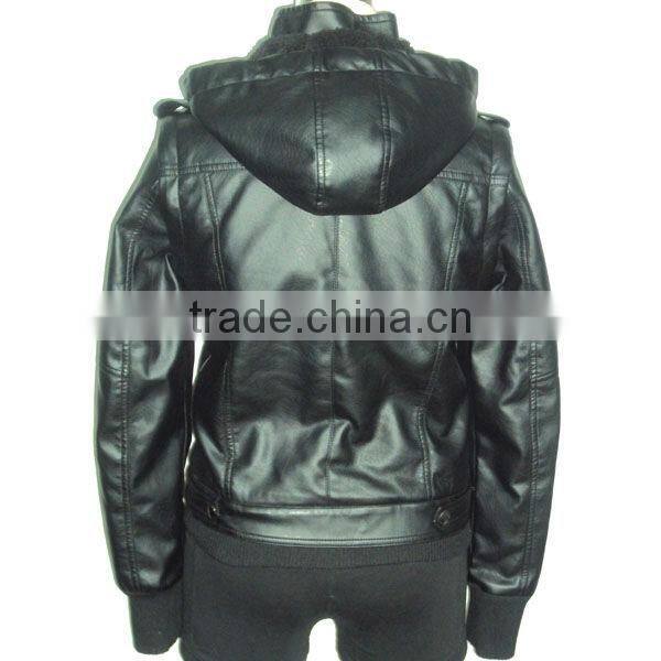 Detachable hood PU leather women clothes