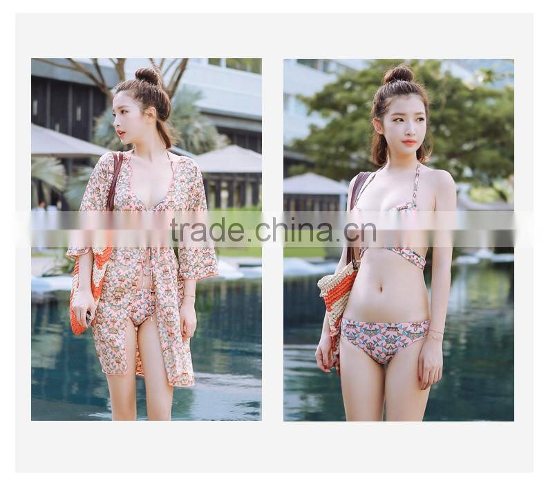 Floral print three pieces bikini sets girls sexy beach wear