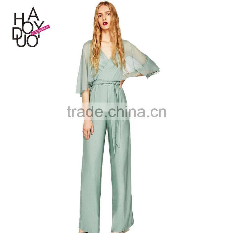 HAODUOYI Light Green Patchwork Women Jumpsuit V-neck Half Sleeve Sashes Elegant Culottes Perspective Lady Jumpsuit for Wholesale