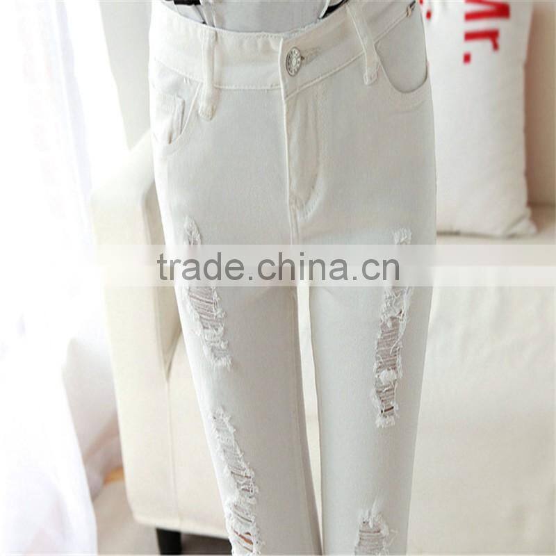New Women's Fashion Straight Jeans Ripped Holes Female Long Term Mid Waist Cotton Washed Denim Pants