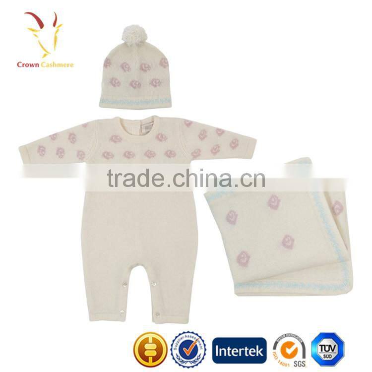 Baby Romper Set with Intarsia Flowers Matching Baby Knit Beanie and Intarsia Knit Blanket