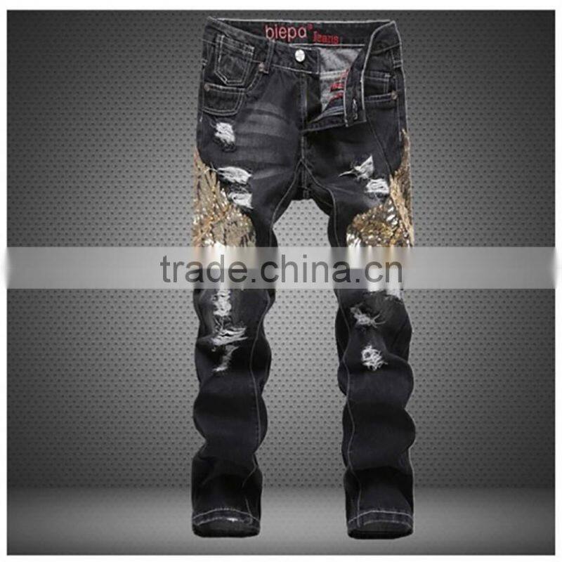 New Stytlish Men Sequin Gold Wings Slim Straight Trousers Ripped Frayed Jeans