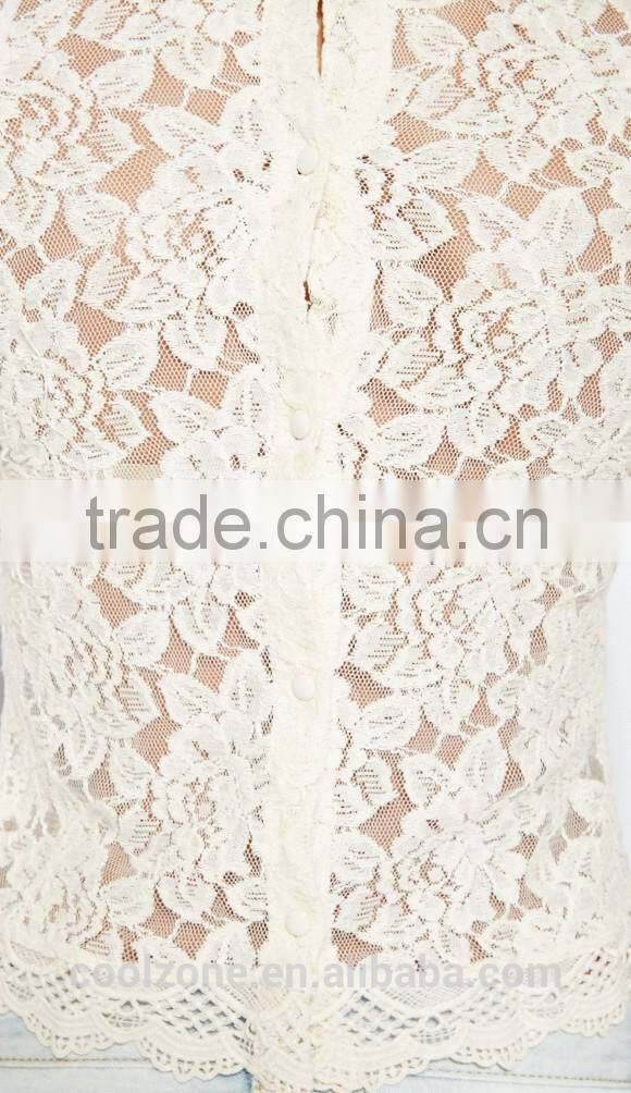 New arrival fashion loose through look floral lace lady blouse