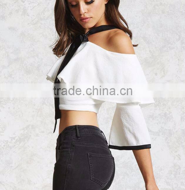 flare sleeve high waist crop top off shoulder self-tie front tops