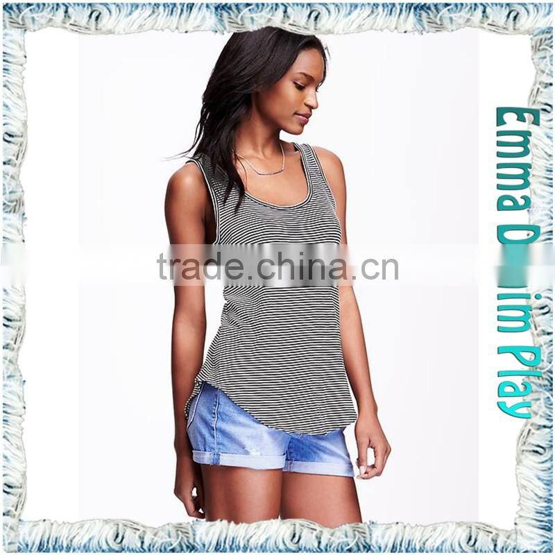 Tops Suppliers China High Quality Womens Deep Round Neck Stripe Long Tank T Shirts