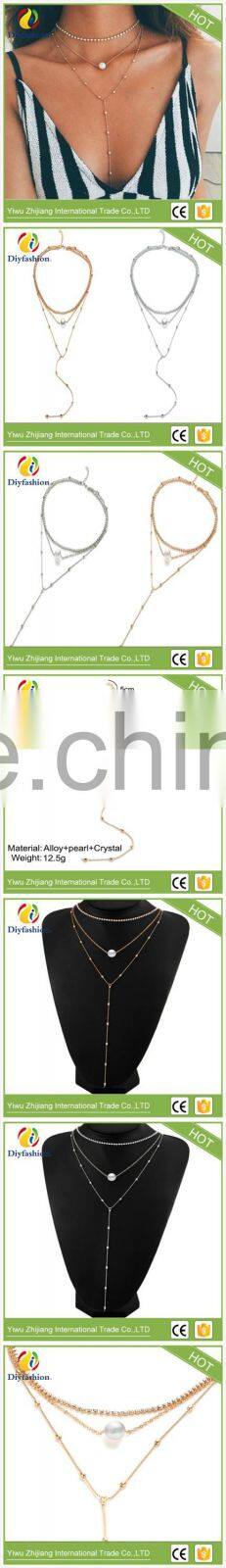 Whosales Crystal pendant three layers of pearl Collarbone chain necklace