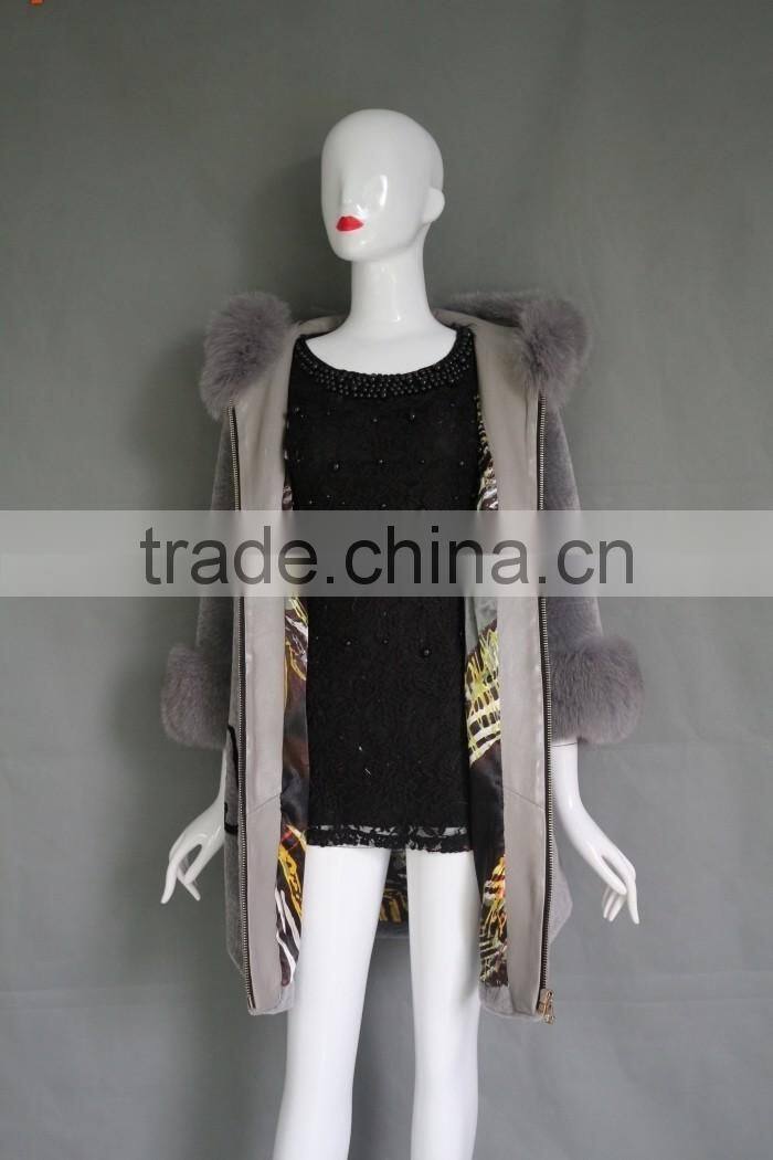 Winter new product the newest style gray genuine shearing jacket chashmere parka coat with fur collar for women