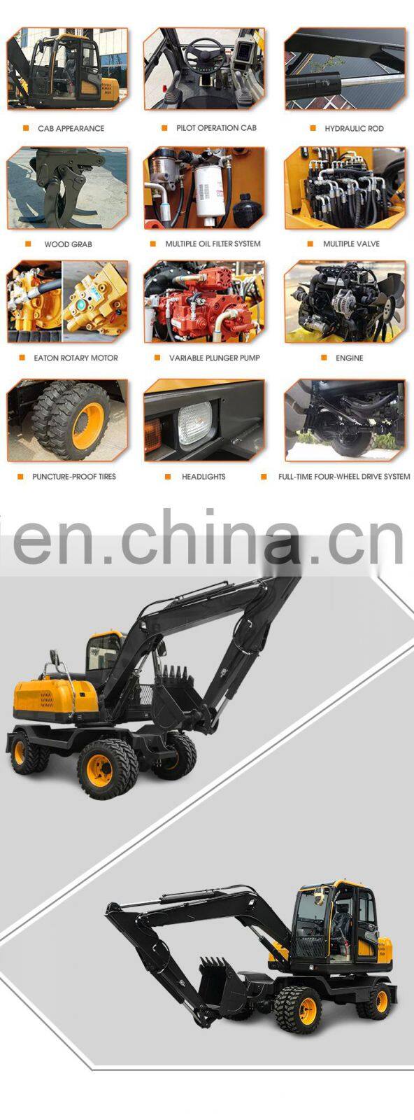 Farm use low fuel consumption wheel mini loader excavator with grapple