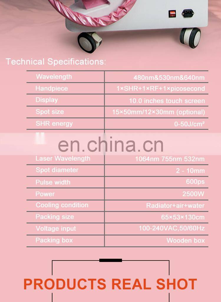 Multifunctional 3 in 1 pico laser/shr/rf machine for both tattoo removal and hair removal