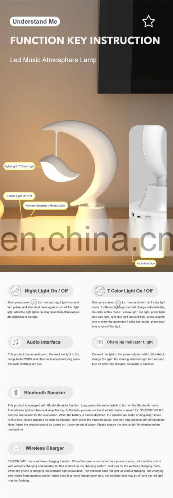 3D Stereo Surround Sound Music Night Light Usb Wireless Charging Auto 7 Color Changing Desk Lamp With Speaker
